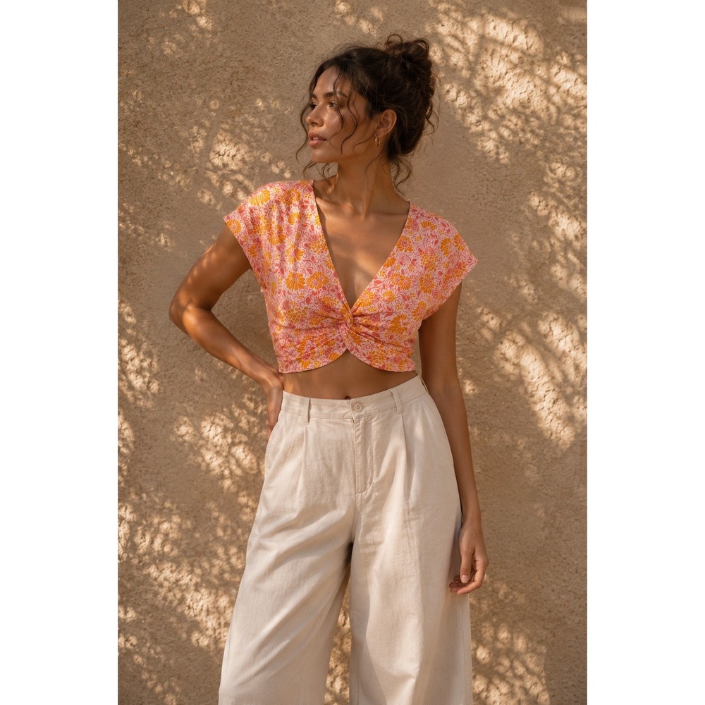 Zara Floral Knot Front Crop Top Pink Orange Linen Blend Cap Sleeve Small
